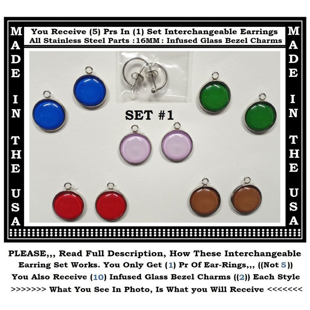 NEW Solid Color Charm Interchangeable Earrings 5 Pairs in Set Infused Glass